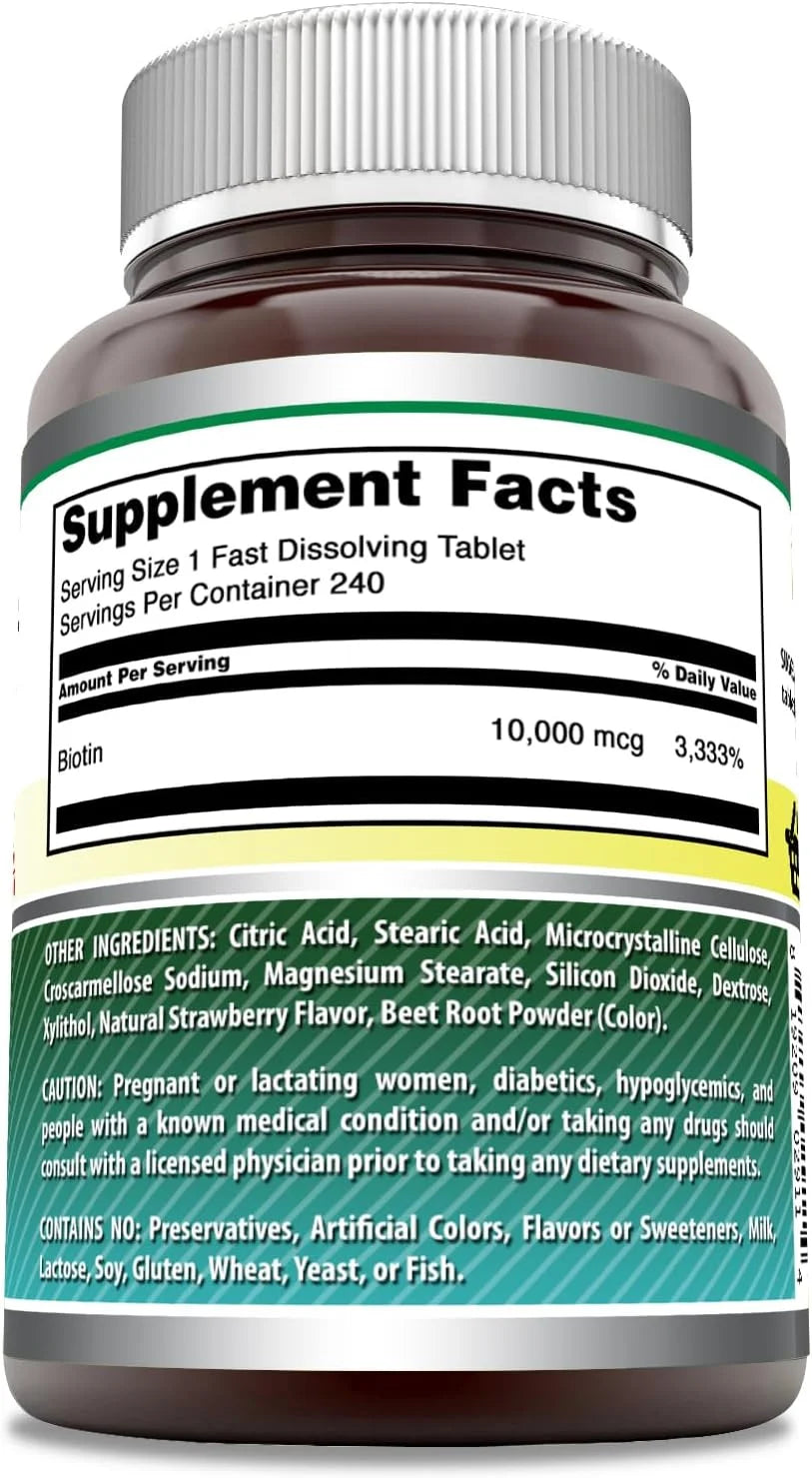 Amazing Formulas Biotin Fast Dissolve Tablets 10,000 Mcg per Serving 240 Tablets Supplement | Strawberry Flavor | Non-Gmo | Gluten Free Supplement | Made in USA