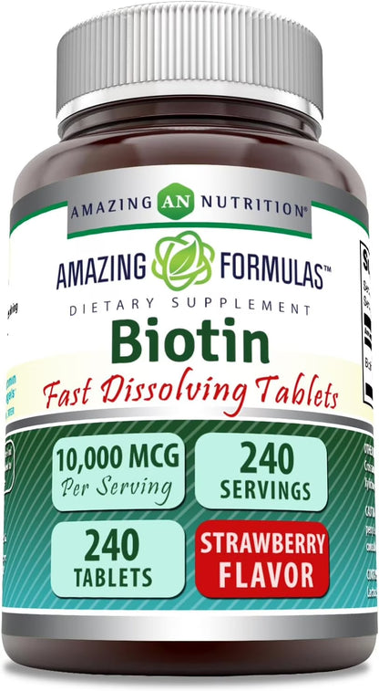 Amazing Formulas Biotin Fast Dissolve Tablets 10,000 Mcg per Serving 240 Tablets Supplement | Strawberry Flavor | Non-Gmo | Gluten Free Supplement | Made in USA