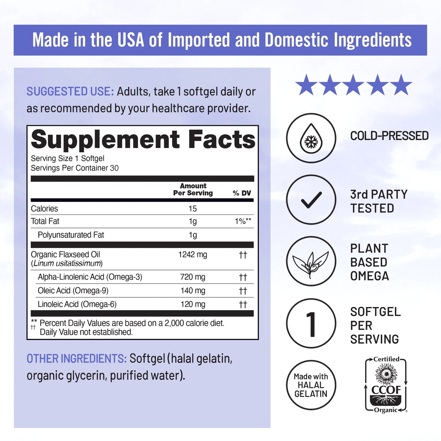 Flaxseed Oil 1200Mg - Organic, Cold Pressed - 30 Softgels[30-Day Supply]