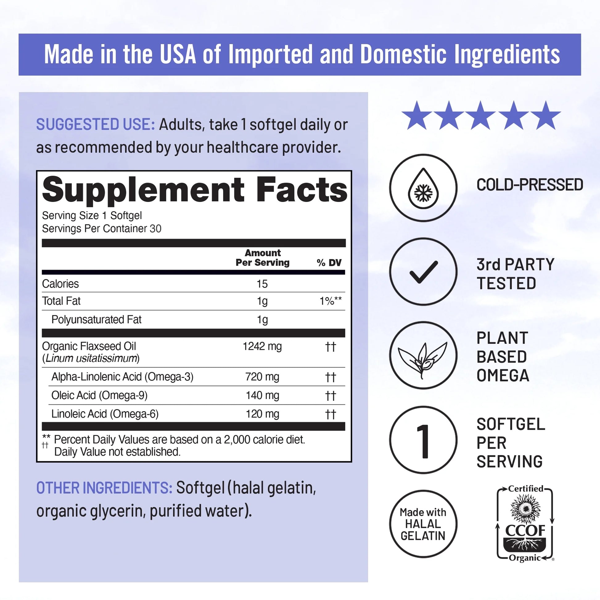 Flaxseed Oil 1200Mg - Organic, Cold Pressed - 30 Softgels[30-Day Supply]