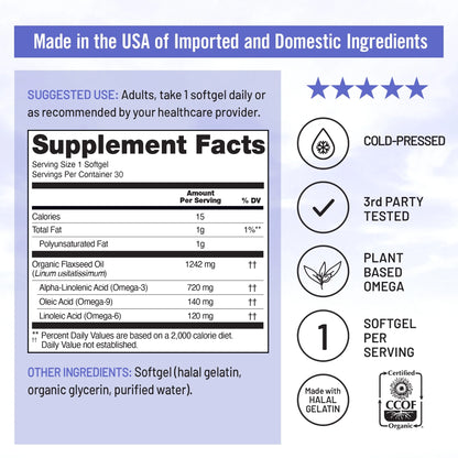 Flaxseed Oil 1200Mg - Organic, Cold Pressed - 30 Softgels[30-Day Supply]