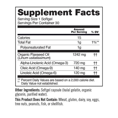 Flaxseed Oil 1200Mg - Organic, Cold Pressed - 30 Softgels[30-Day Supply]